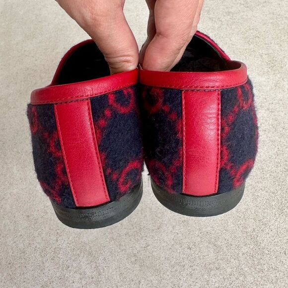 GUCCI Jordaan GG Monogram Horsebit Wool Flat Loafers Navy Blue & Red EU 37 US 7 - Picture 4 of 10